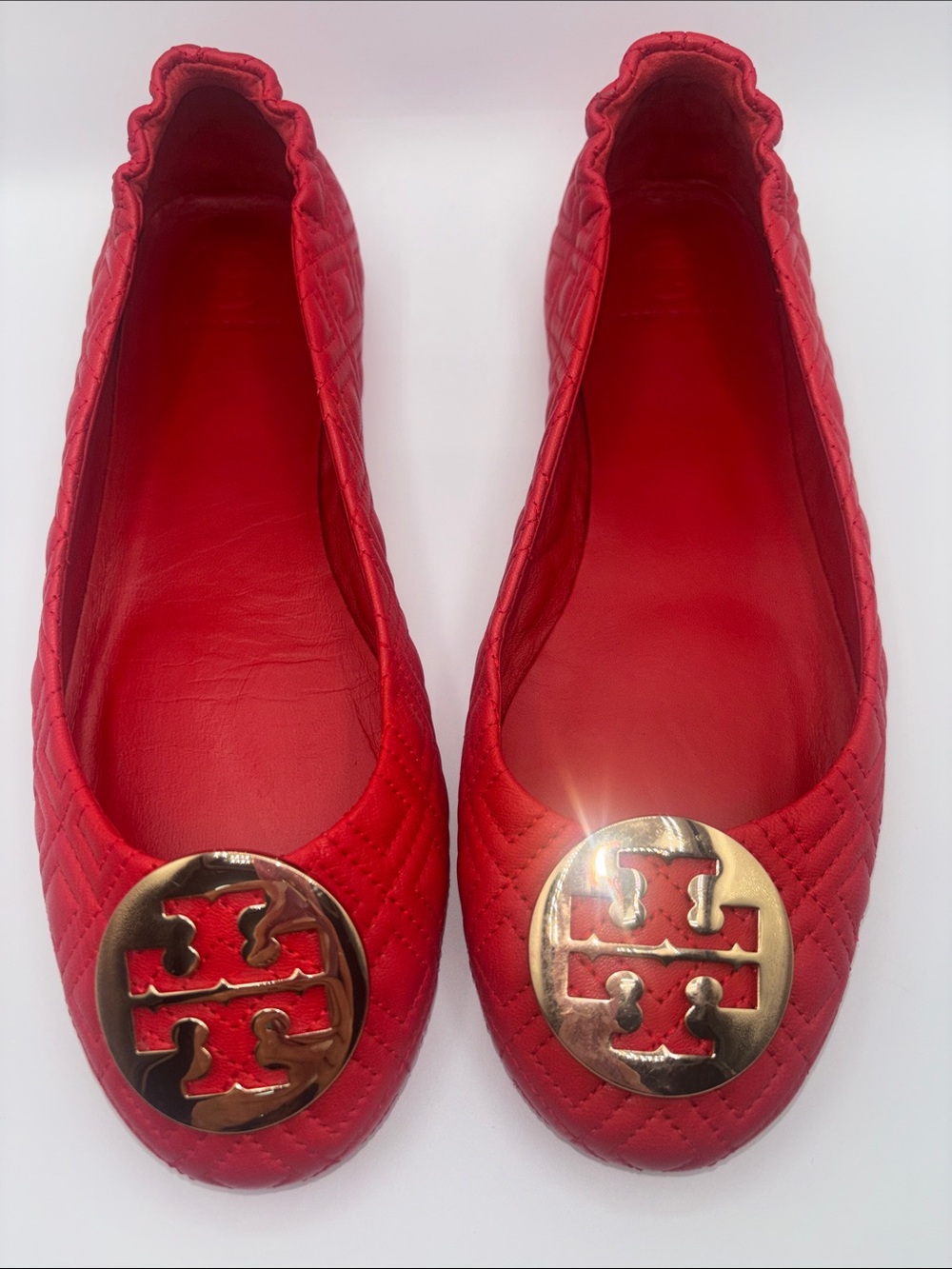 Tory Burch Red Quilted Logo Ballet Flats with Gold Emblem